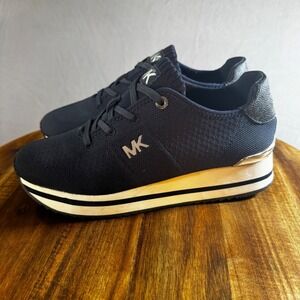 Michael Kors Felix Trainer Navy Blue Knit Wedge Sneakers Silver Logo Accent